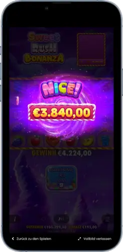Sweet Rush Bonanza Nice Win Anzeige mit €3.840,00 Gewinn