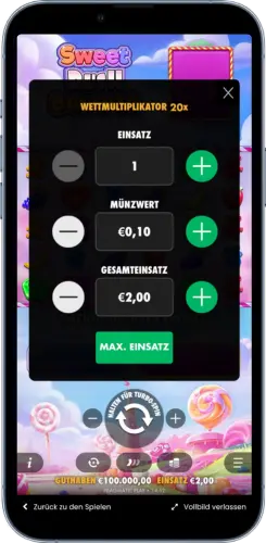 Einsatz und Münzwert in Sweet Rush Bonanza einstellen