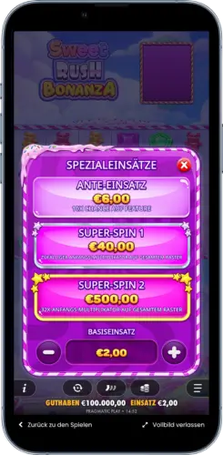 Sweet Rush Bonanza Spezial-Einsätze mit Ante Bet und Super Spin