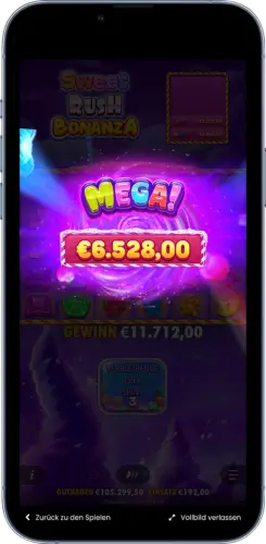 Sweet Rush Bonanza Mega Win Bildschirm mit €6.528,00