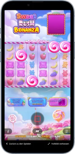 Sweet Rush Bonanza Spieloberfläche mit Scatter-Symbolen auf dem Smartphone