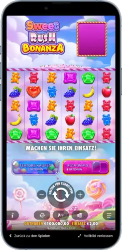 Sweet Rush Bonanza Spieloberfläche auf dem Smartphone starten