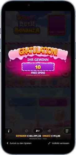 Sweet Rush Bonanza Freispiele aktiviert mit 10 Free Spins