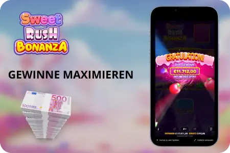 Sweet Rush Bonanza Gewinne maximieren Bildschirm mit Großgewinn und Multiplikatoren auf dem Smartphone
